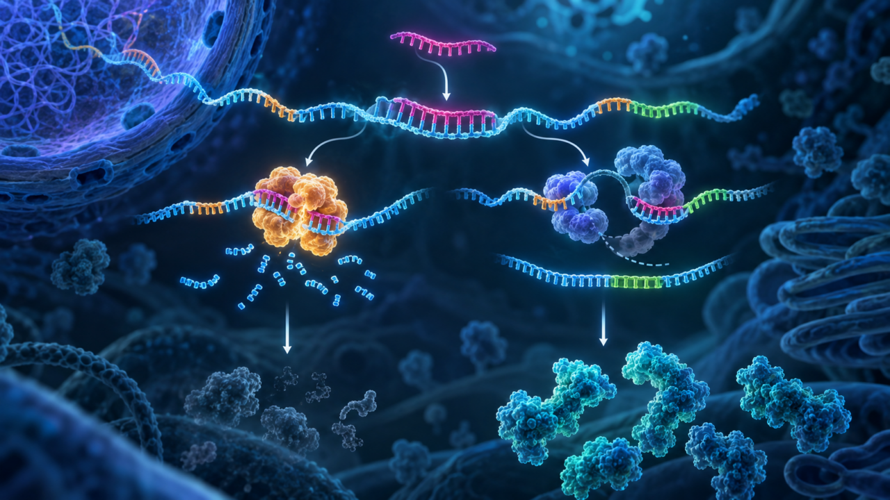 단일가닥 ASO가 pre-mRNA에 결합한 뒤 RNase H RNA 분해와 splicing 조절 두 경로로 작동하는 원리를 표현한 과학 이미지