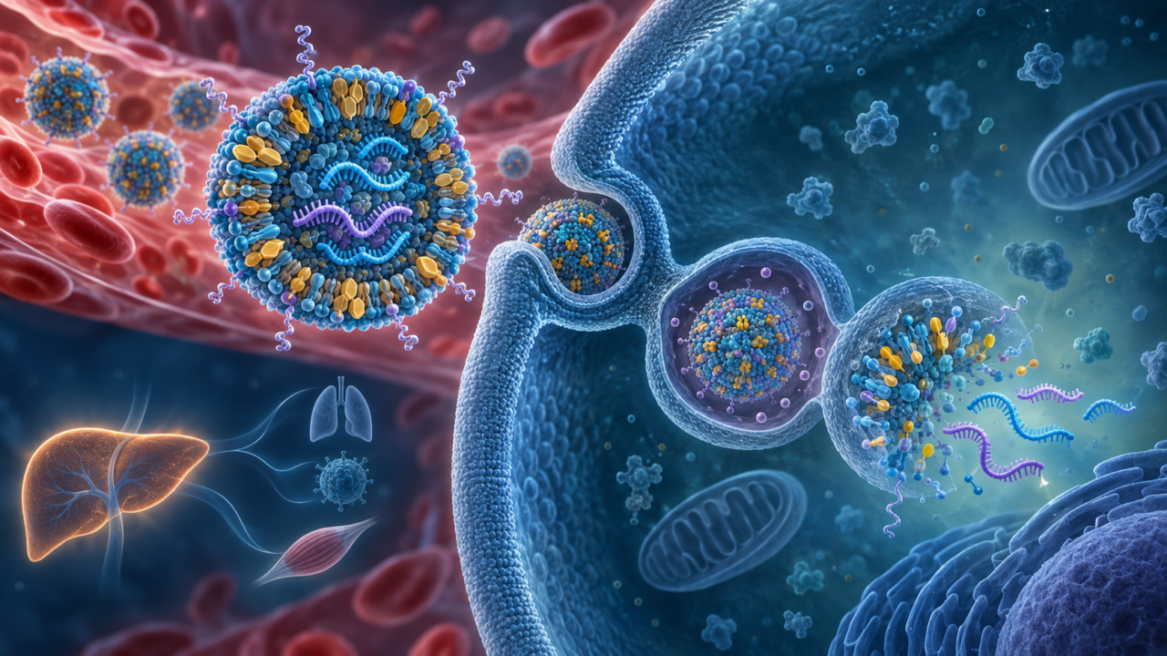 mRNA와 siRNA를 담은 지질나노입자의 네 가지 지질 성분과 세포 유입, endosome 탈출 및 세포질 방출 과정을 표현한 과학 이미지