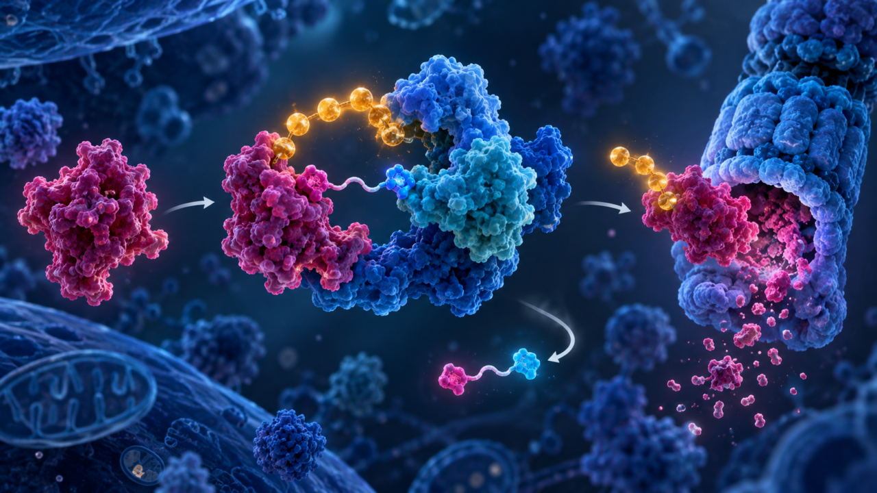 PROTAC이 질병 단백질과 E3 ligase를 연결해 ubiquitin 표지를 붙이고 proteasome 분해로 보내는 표적단백질분해 원리 이미지
