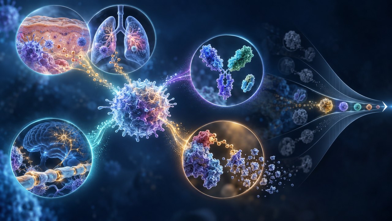 듀피젠트 기반 면역질환, 신경면역, 이중항체와 Nanobody, 표적단백질분해 및 파이프라인 선별 전략을 네 갈래로 표현한 과학 이미지