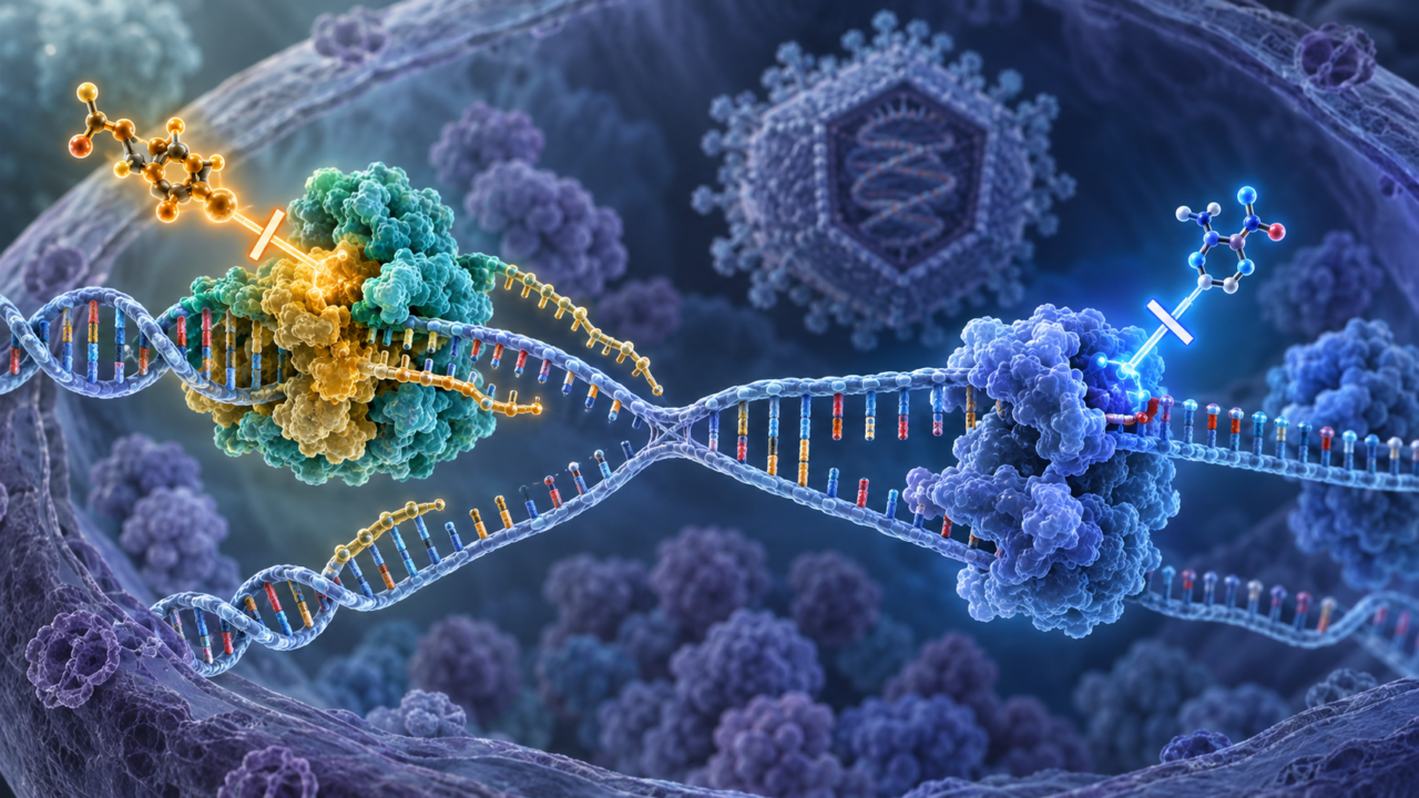 HSV DNA 복제과정에서 기존 nucleoside analogue의 DNA polymerase 경로와 HOVILPRI pritelivir의 helicase-primase 억제 위치를 비교한 과학 이미지