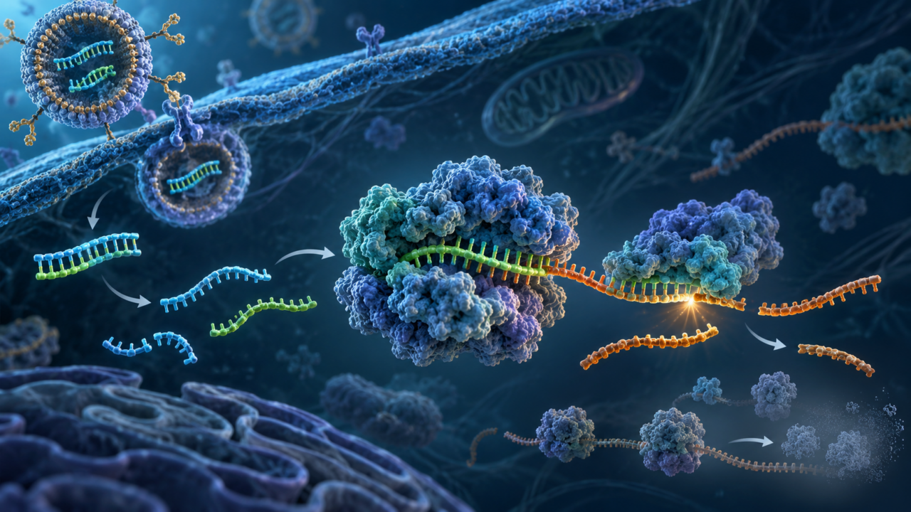 이중가닥 siRNA에서 guide strand가 RISC에 탑재되고 표적 mRNA를 절단해 단백질 생성을 낮추는 RNA 간섭 원리 이미지